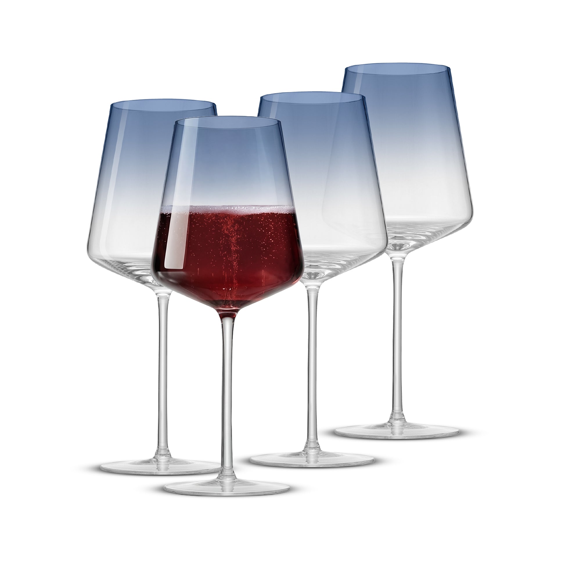 Set of four wine glasses with red wine, blue gradient design on a white background