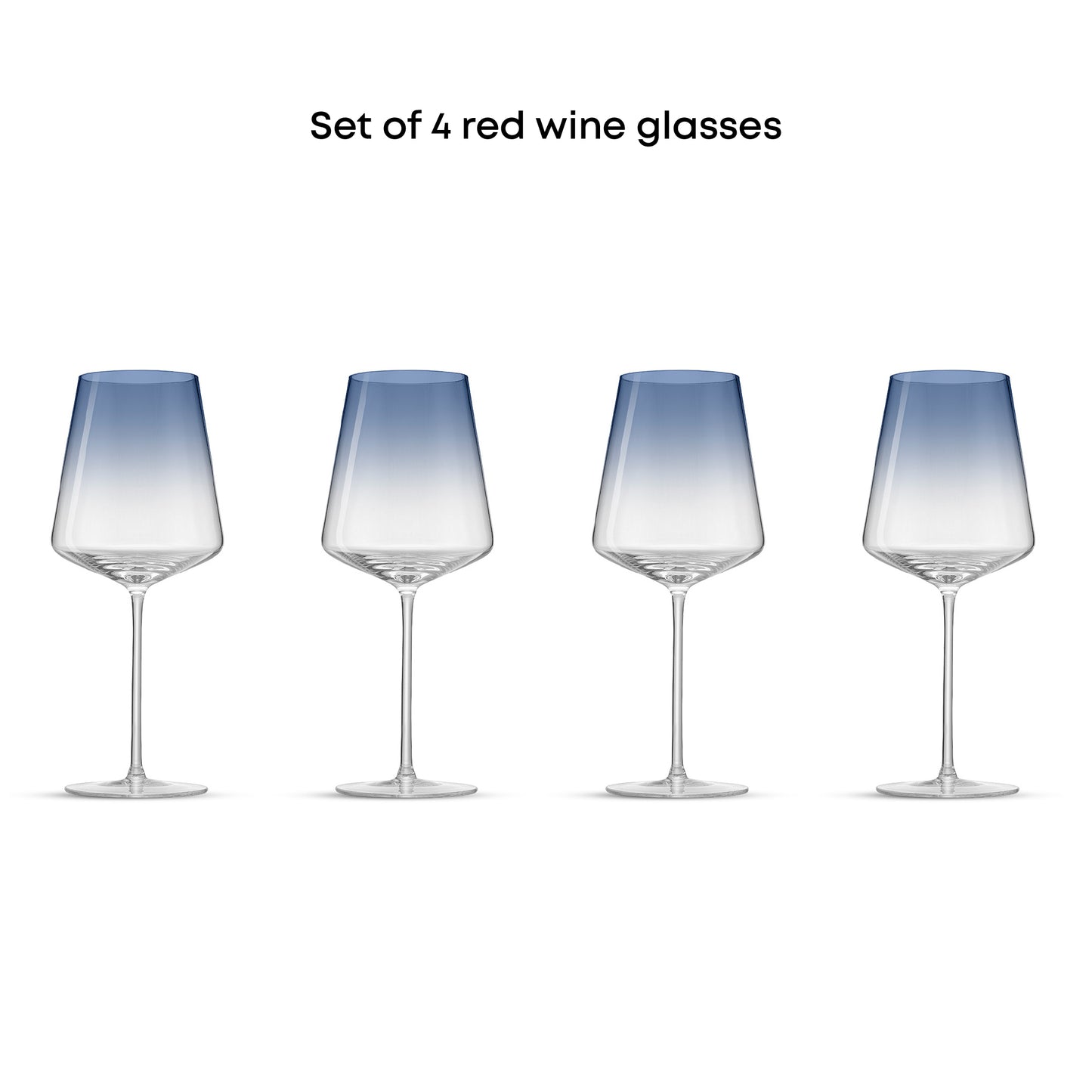 Set of 4 red wine glasses with gradient blue to clear design on a white background