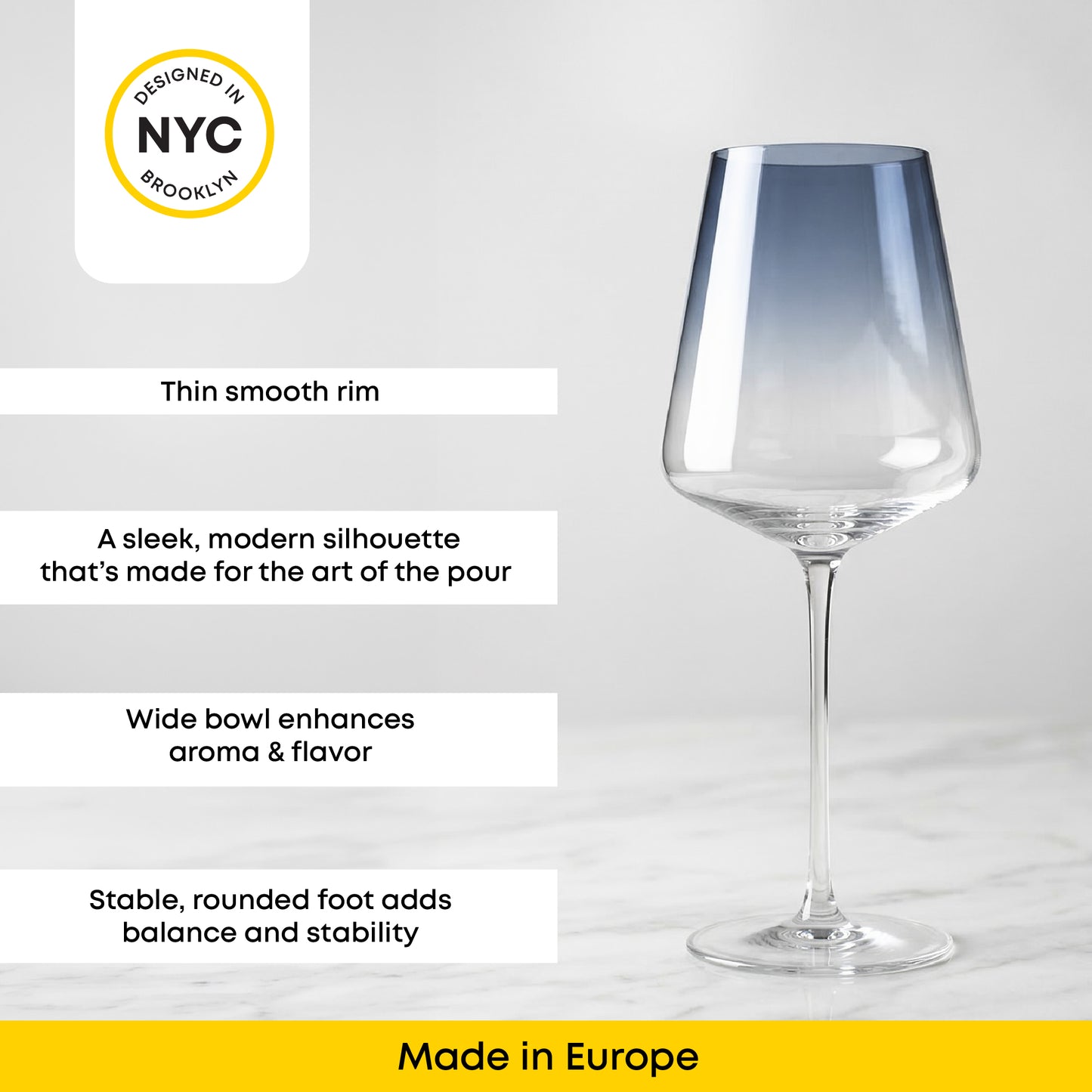 Wine glass with design features and 'Made in Europe' label on a gray background