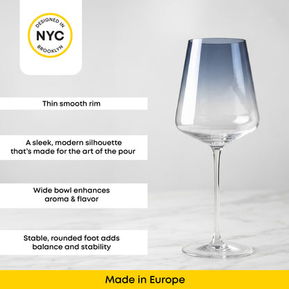 Wine glass with design features and 'Made in Europe' label on a gray background