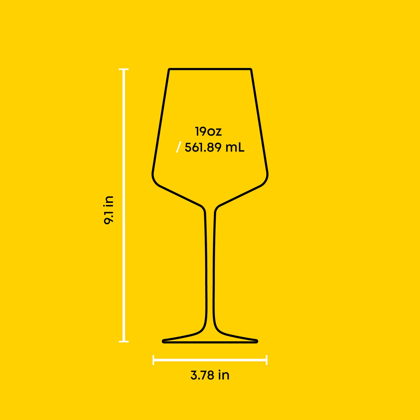 Wine glass outline with measurements on a yellow background