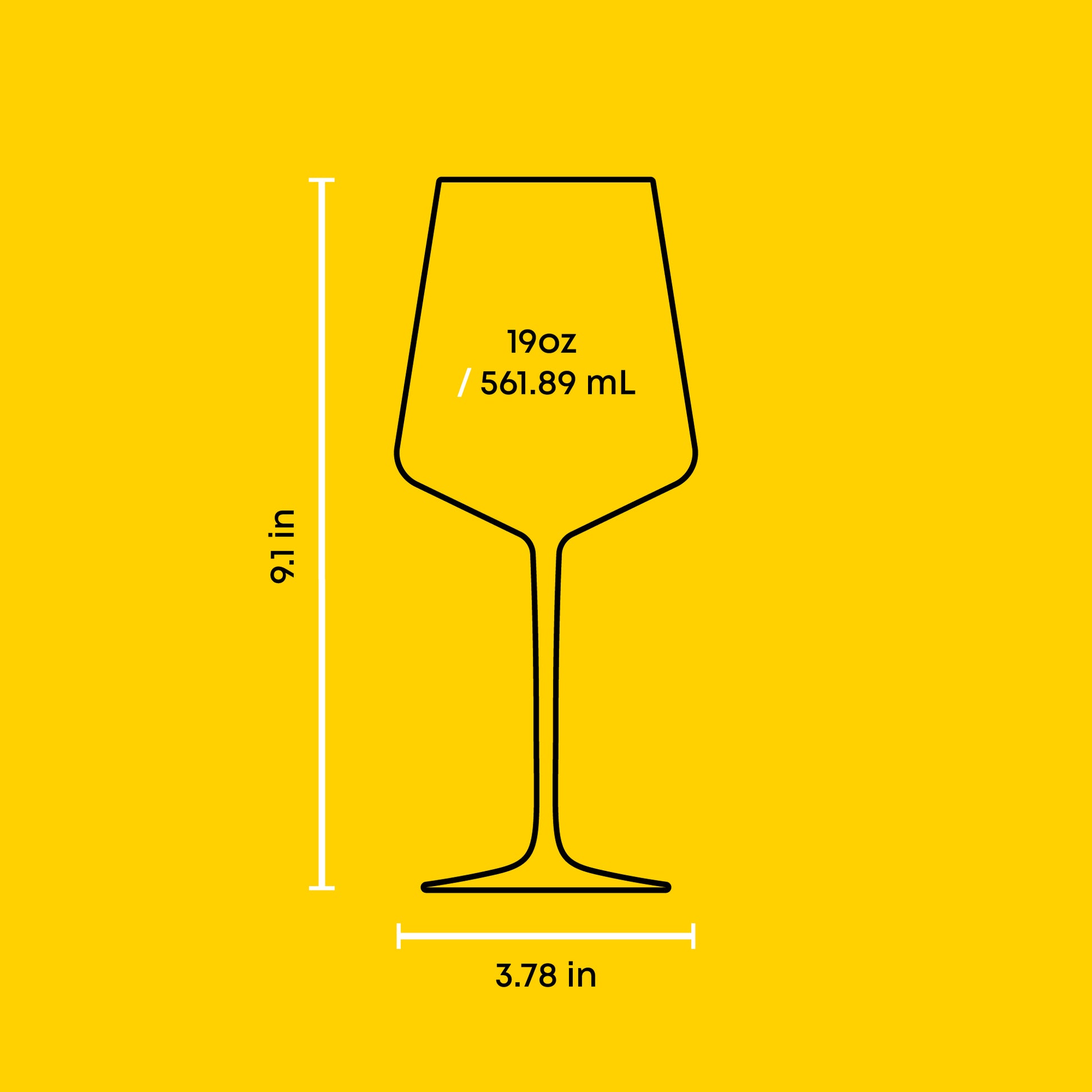 Wine glass outline with measurements on a yellow background