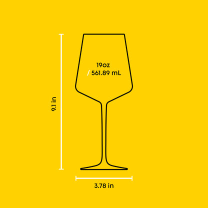 Wine glass outline with measurements on a yellow background