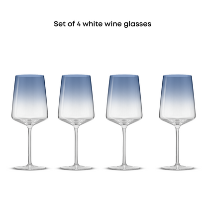 Set of 4 white wine glasses with blue gradient on a white background