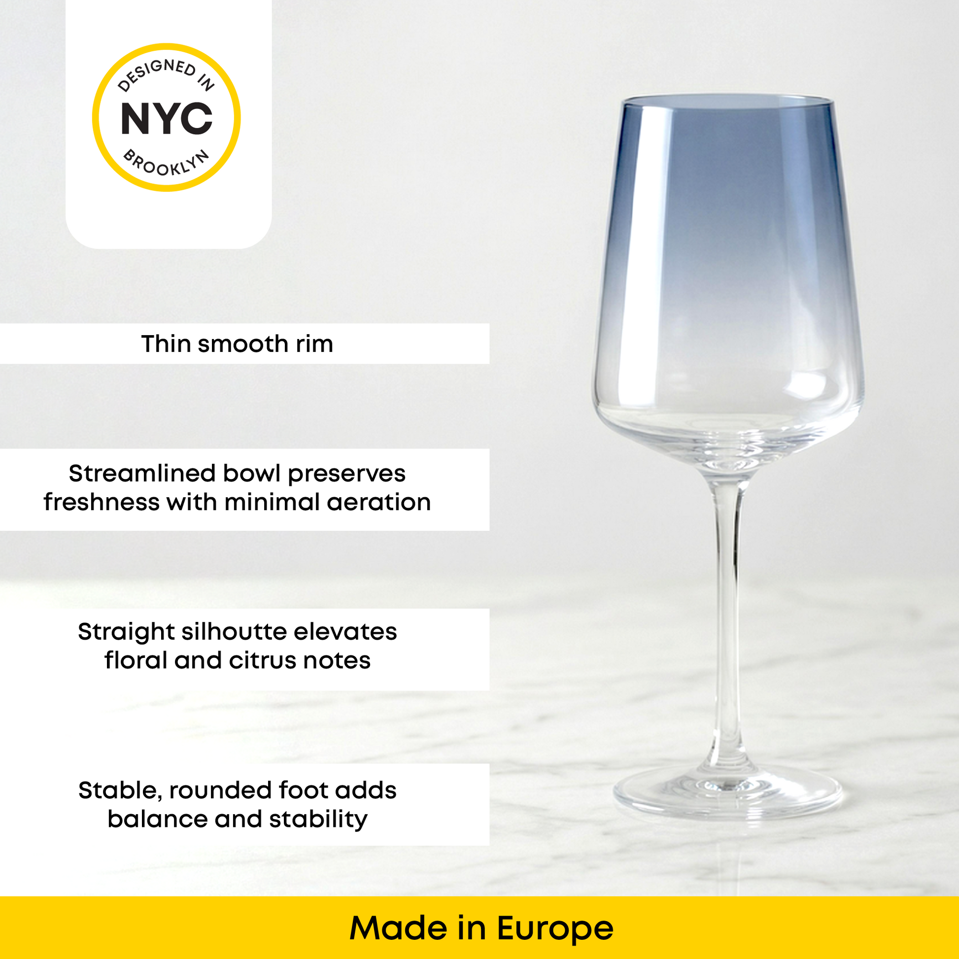 Clear wine glass with design features and 'Made in Europe' label on a white background