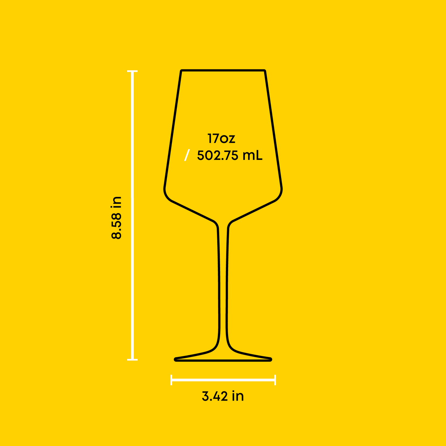 Wine glass outline with measurements on a yellow background