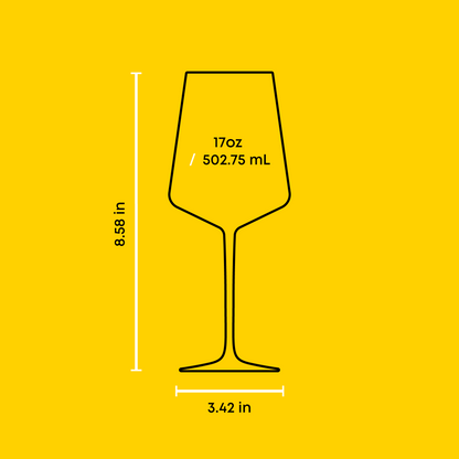 Wine glass outline with measurements on a yellow background