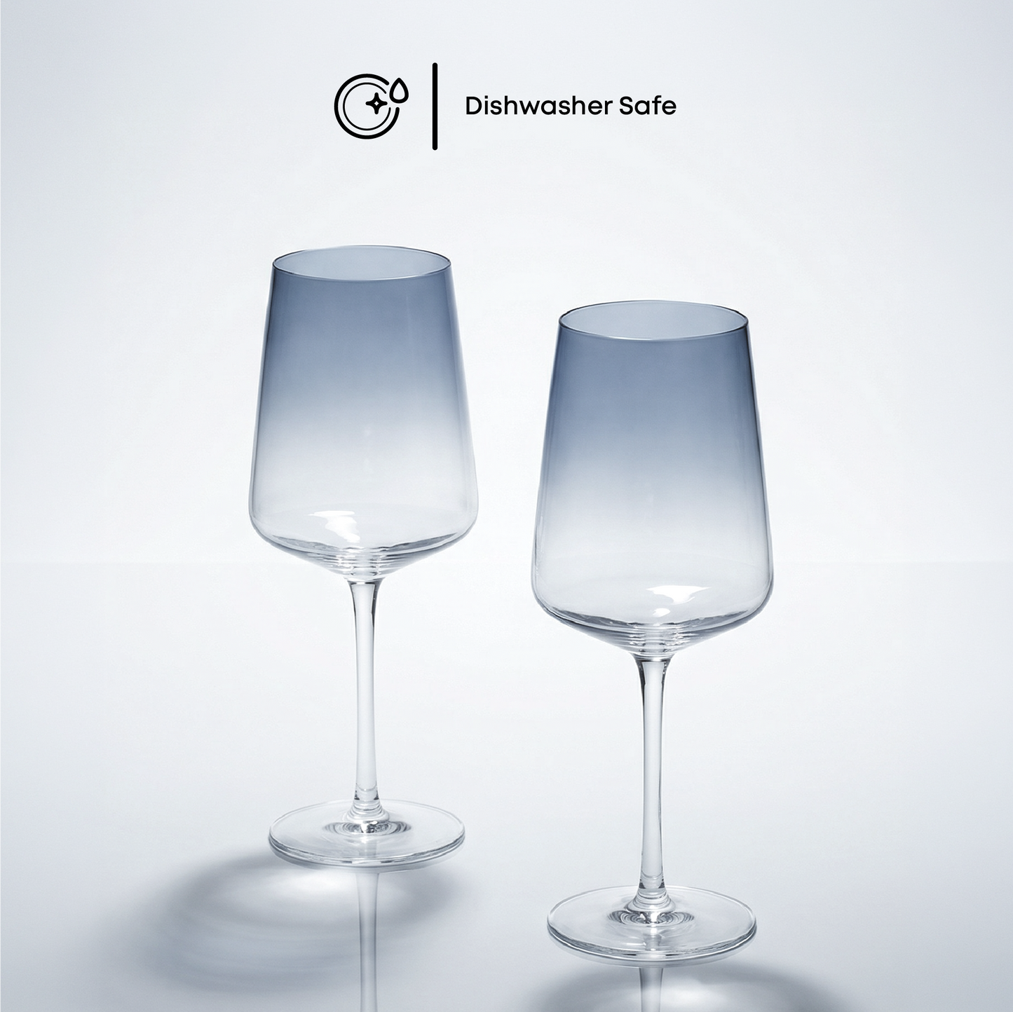 Two gradient wine glasses on a light gray background with 'Dishwasher Safe' label.