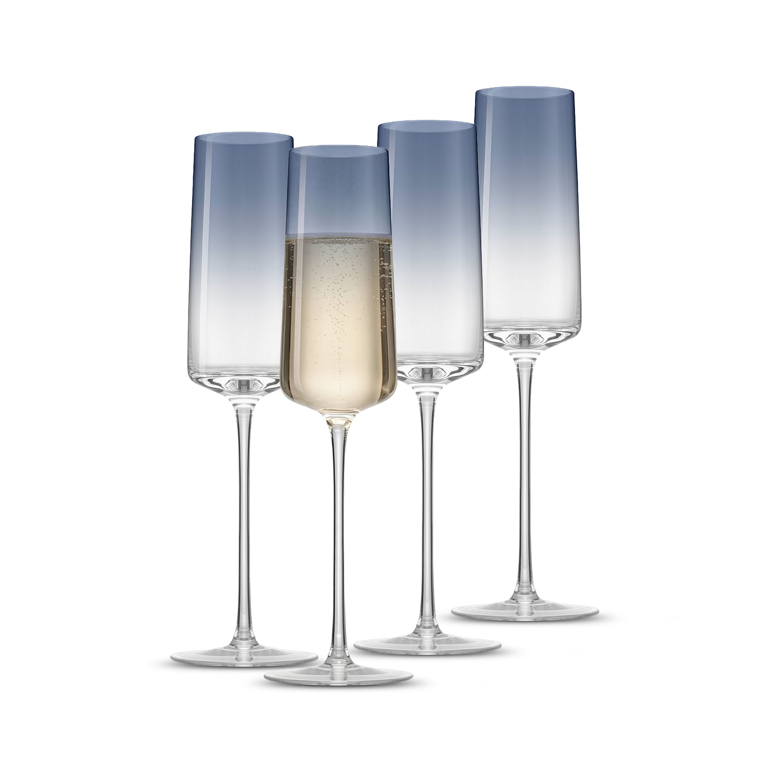 Set of four gradient blue champagne flutes on a white background