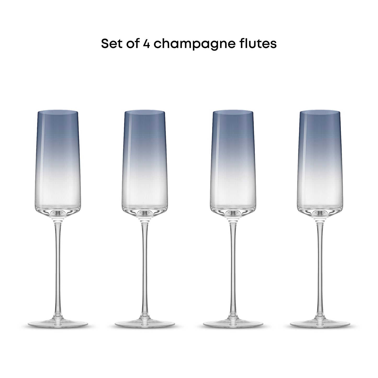 Set of 4 champagne flutes with gradient blue design on a white background