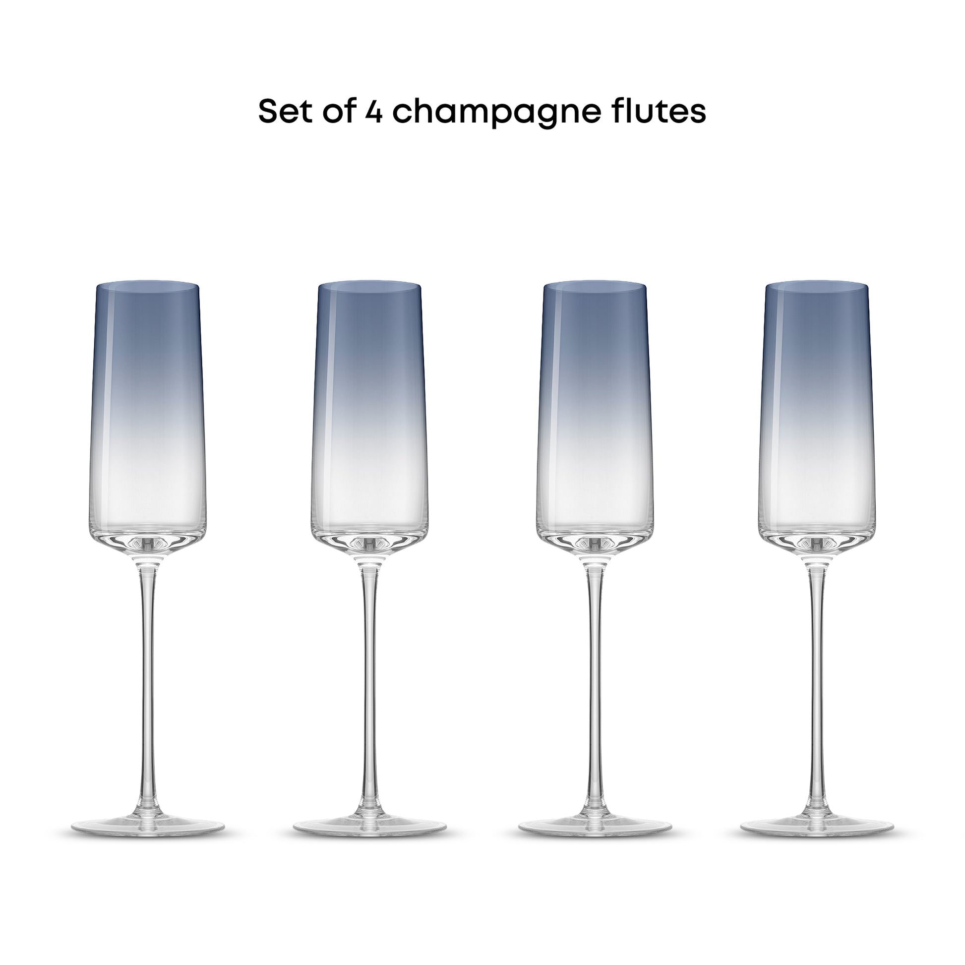 Set of 4 champagne flutes with gradient blue design on a white background