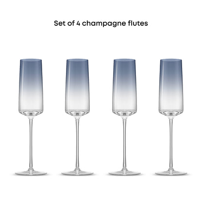 Set of 4 champagne flutes with gradient blue design on a white background