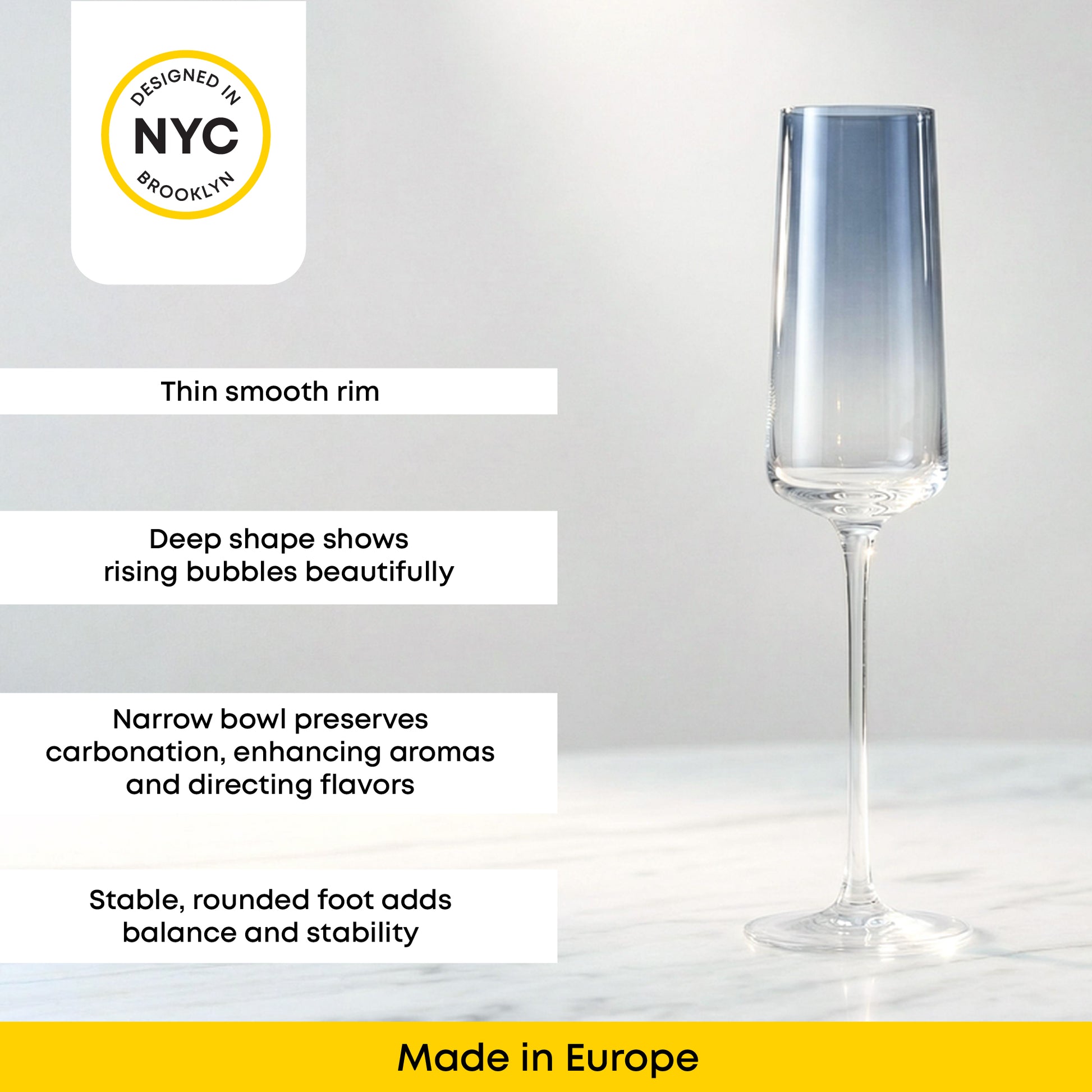 Clear champagne flute with design features and 'Made in Europe' label on a white background
