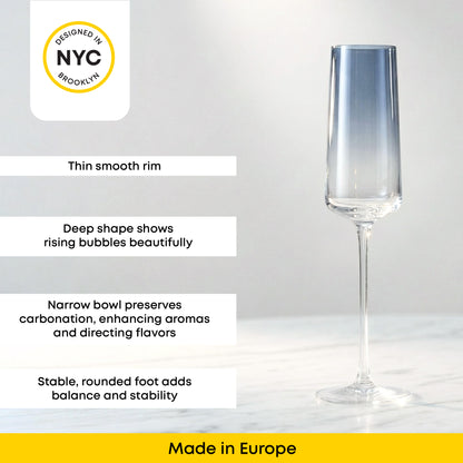 Clear champagne flute with design features and 'Made in Europe' label on a white background