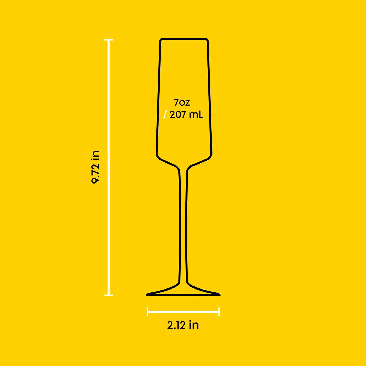 Measurement chart of a champagne flute on a yellow background