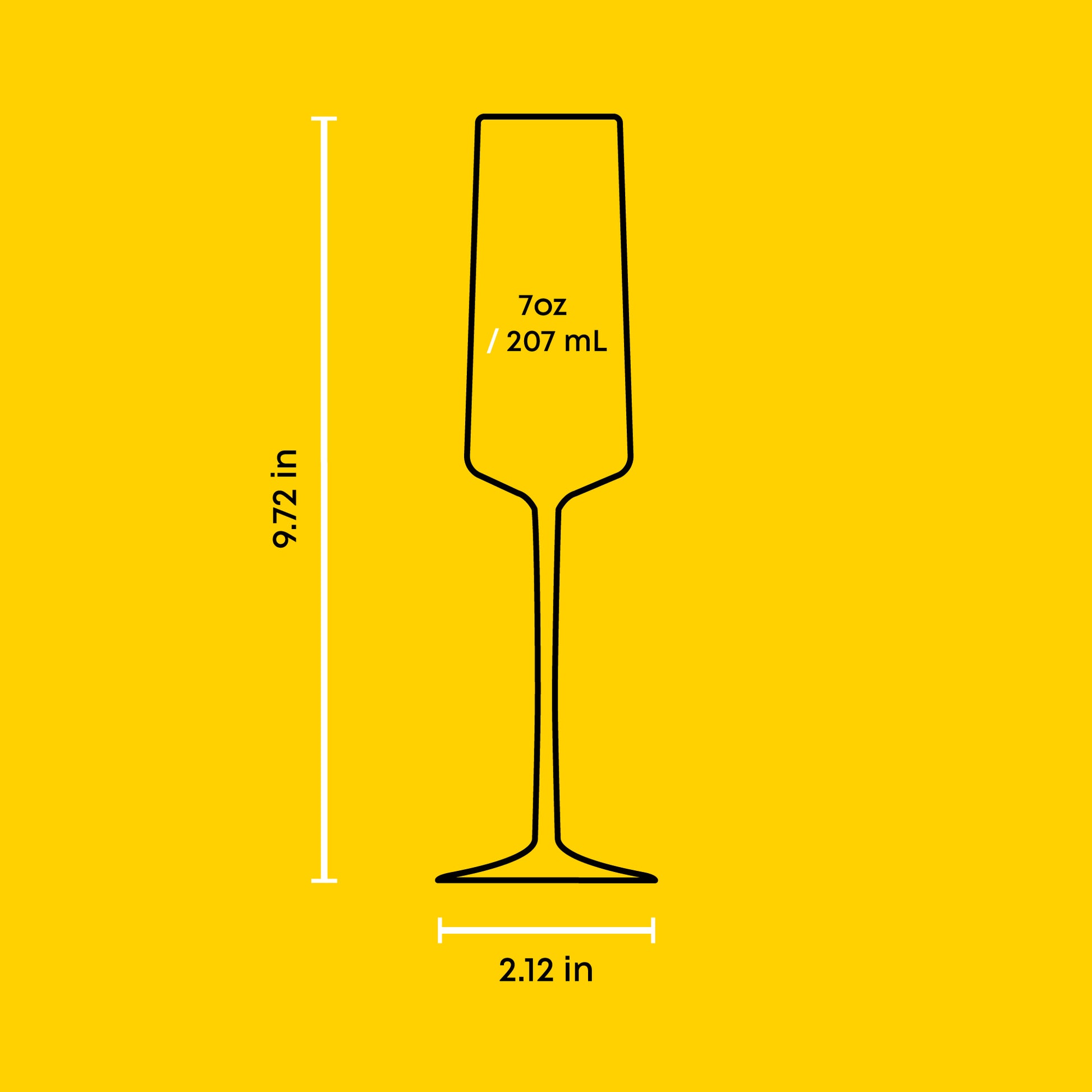 Measurement chart of a champagne flute on a yellow background