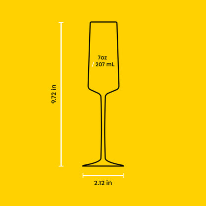 Measurement chart of a champagne flute on a yellow background