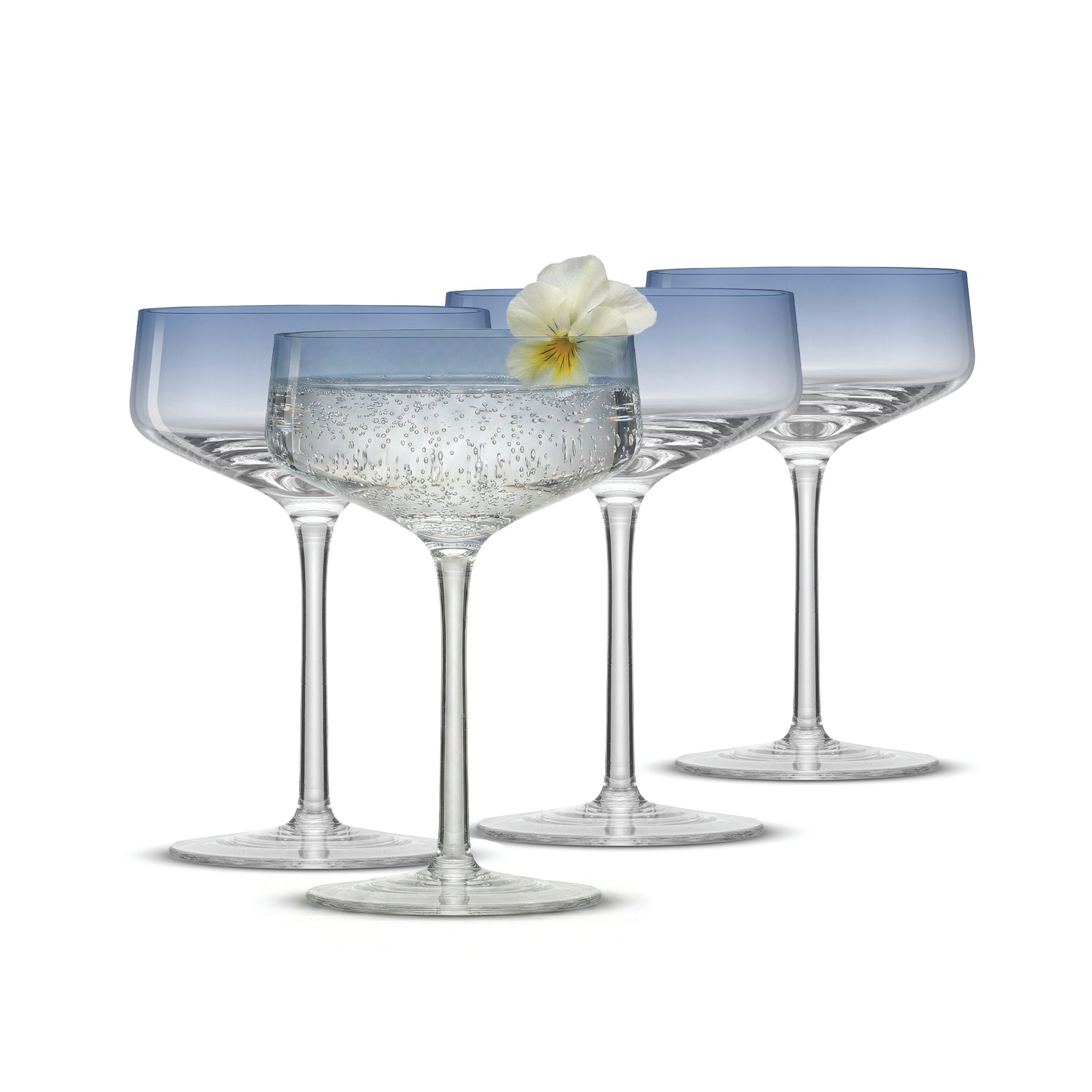 Four coupe glasses in ombre blue color.