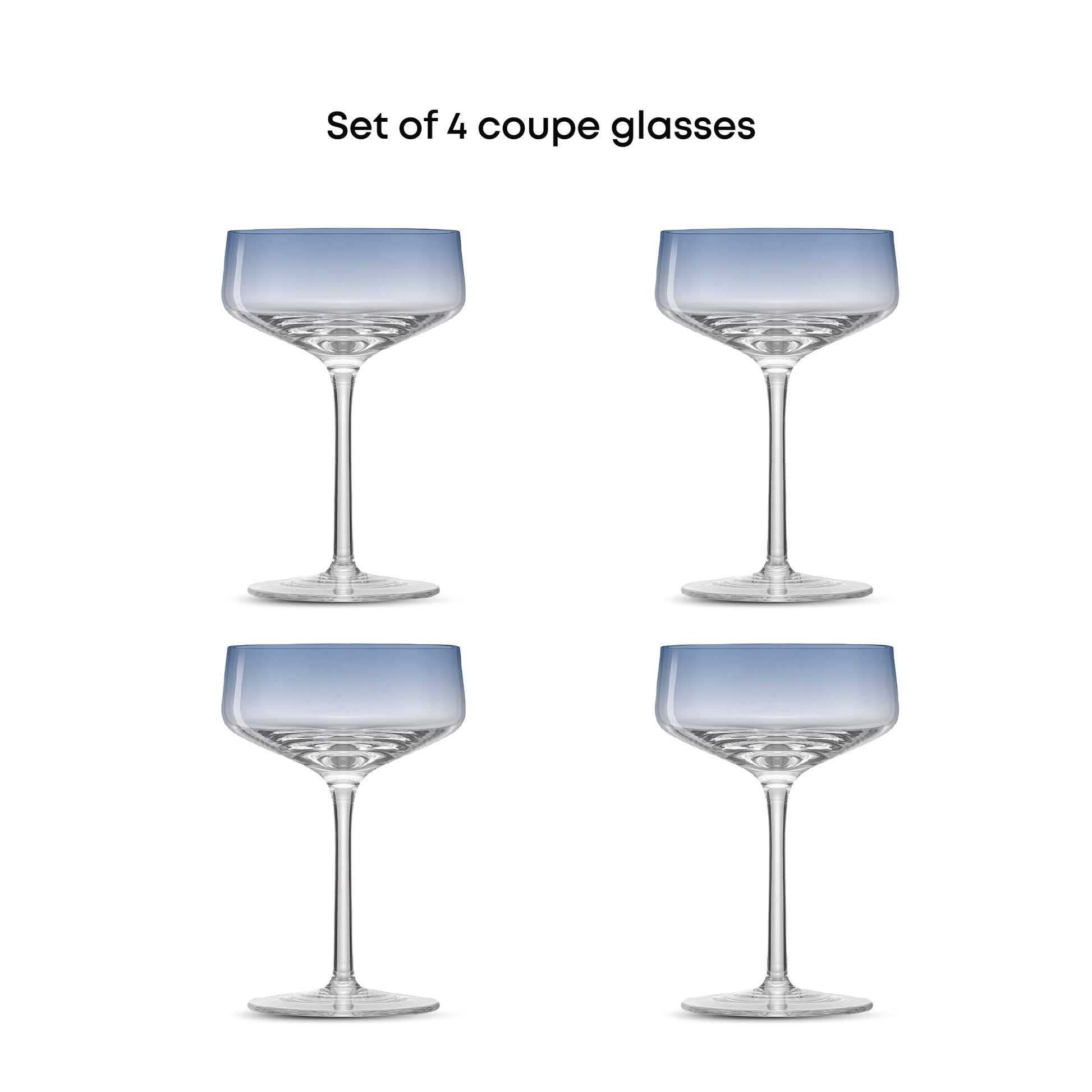Set of 4 coupe glasses with a light blue tint on a white background