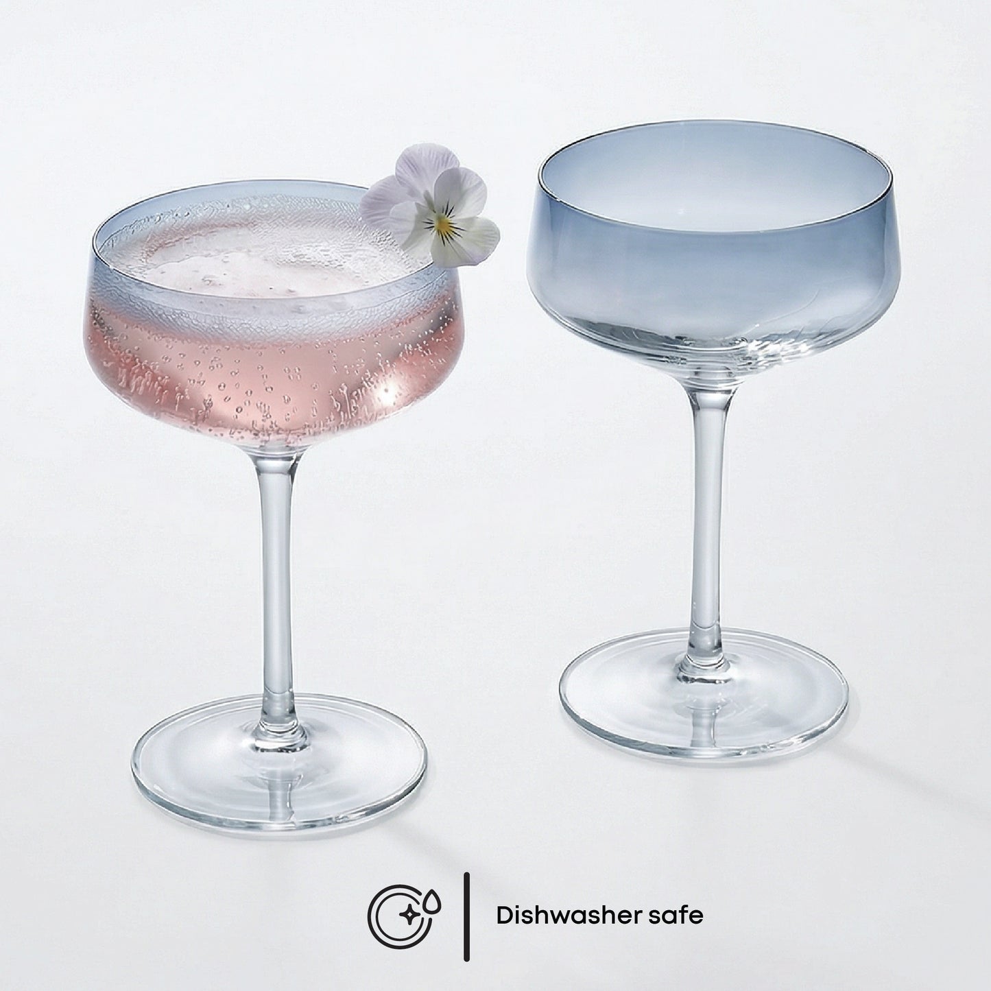 Two glass cocktails with a flower garnish on a white background, with 'Dishwasher safe' label.