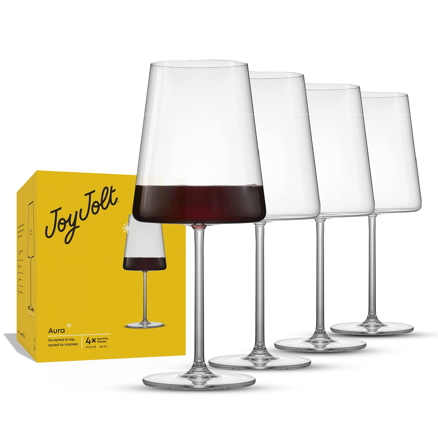 Set of four wine glasses named Aura with its yellow packaging box by JoyJolt on a white background