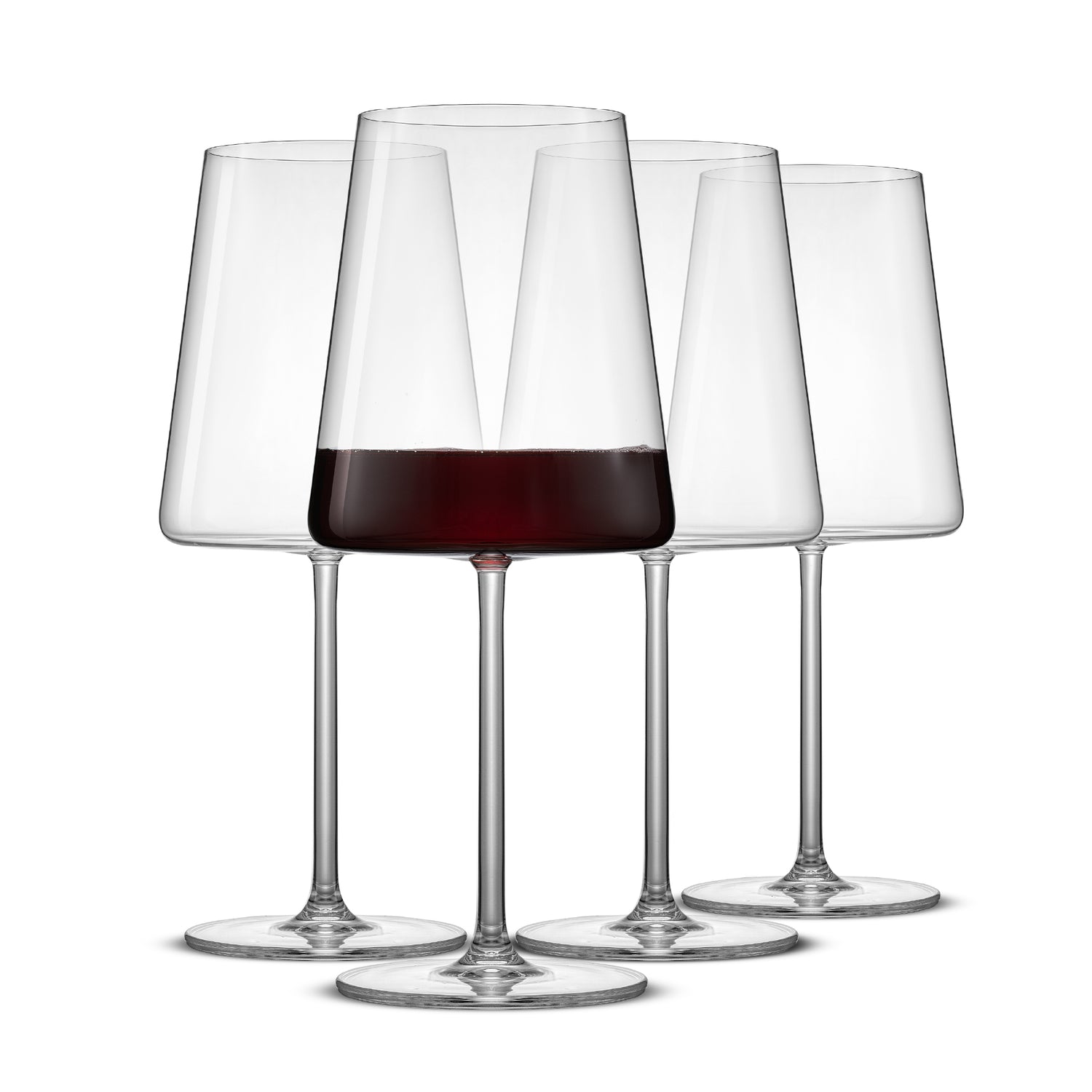 Set of wine glasses with one filled with red wine on a white background
