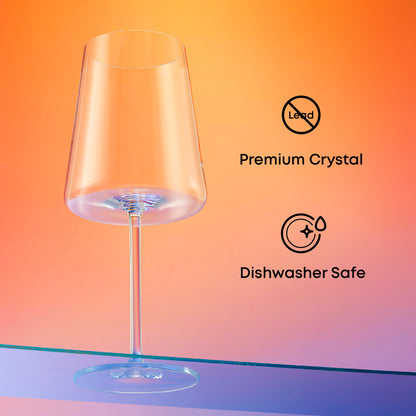 Clear wine glass with 'Premium Crystal' and 'Dishwasher Safe' icons on a gradient background