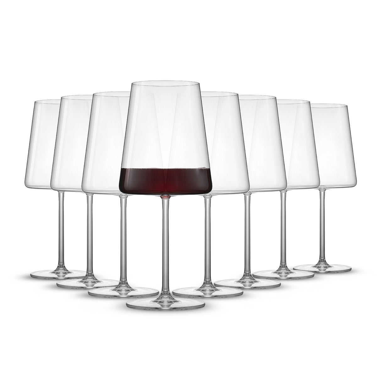 Set of 8 Aura red wine glasses with modern tapered bowls and long stems, one filled with red wine.