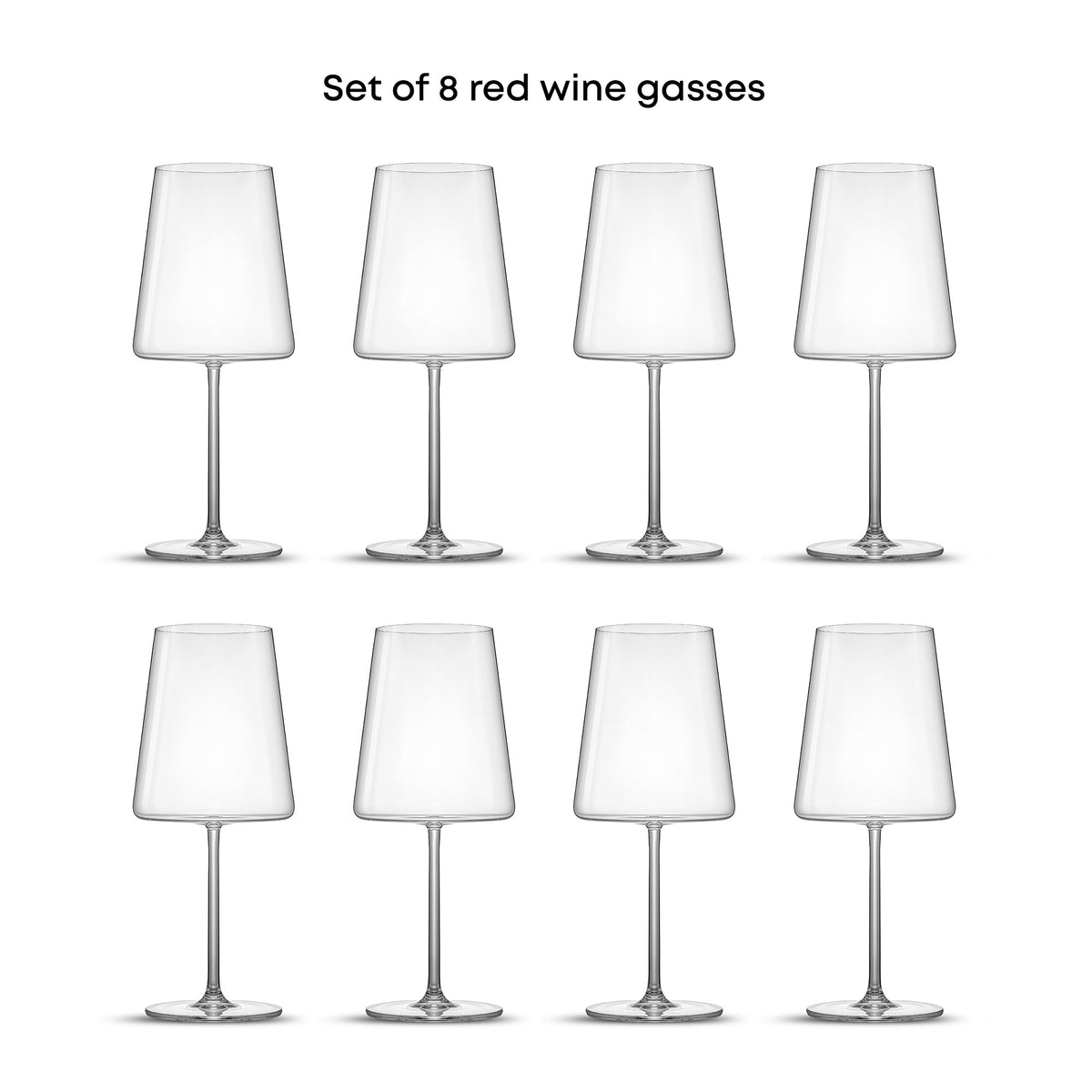 Eight Aura red wine glasses arranged in two rows, showing the complete 8-piece glassware set.