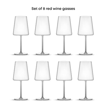 Eight Aura red wine glasses arranged in two rows, showing the complete 8-piece glassware set.