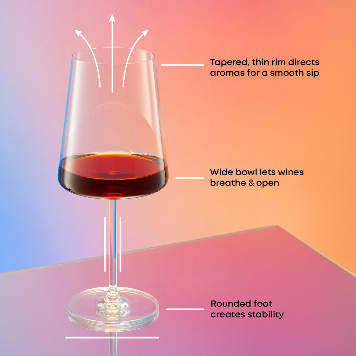 Aura red wine glass design showing a tapered thin rim, wide bowl for wine to breathe, and stable rounded foot.