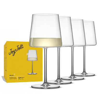 Set of four wine glasses named Aura with its yellow packaging box by JoyJolt on a white background