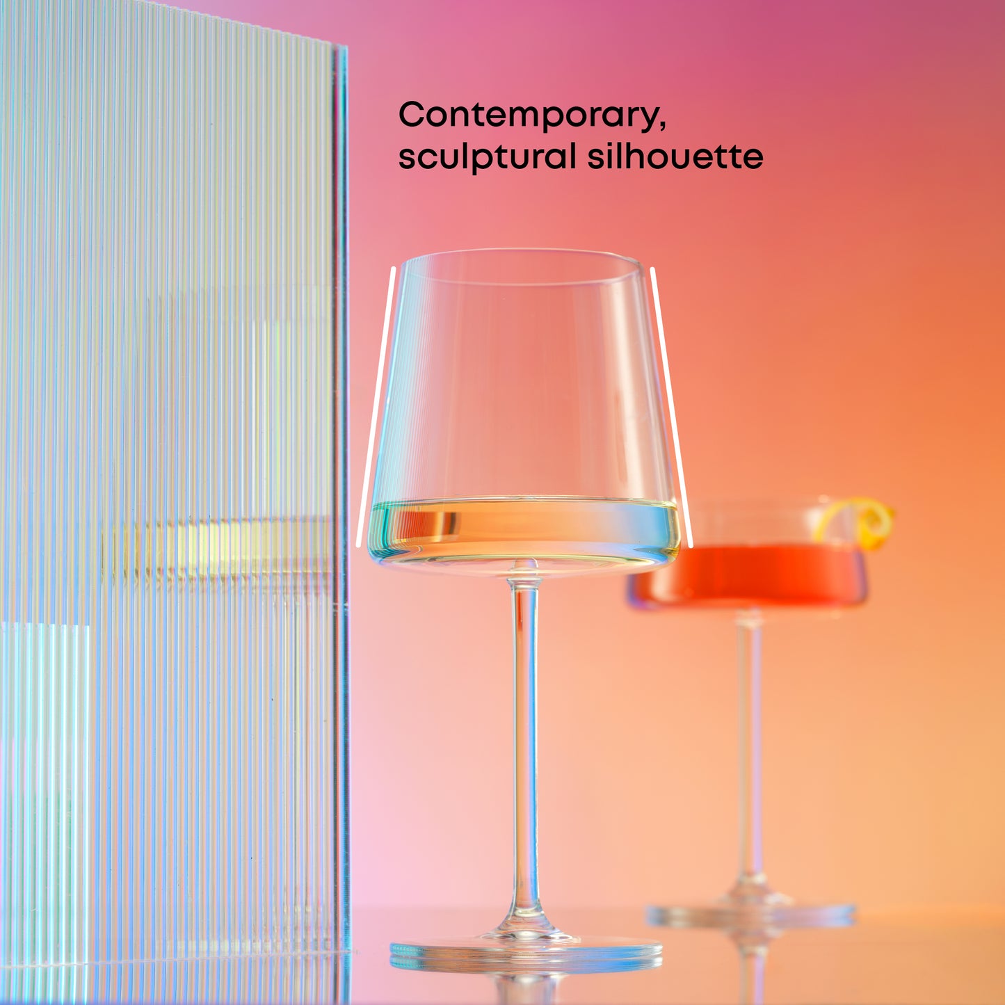 Glass with text 'Contemporary, sculptural silhouette' on a gradient background.