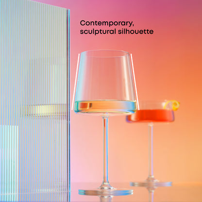 Glass with text 'Contemporary, sculptural silhouette' on a gradient background.
