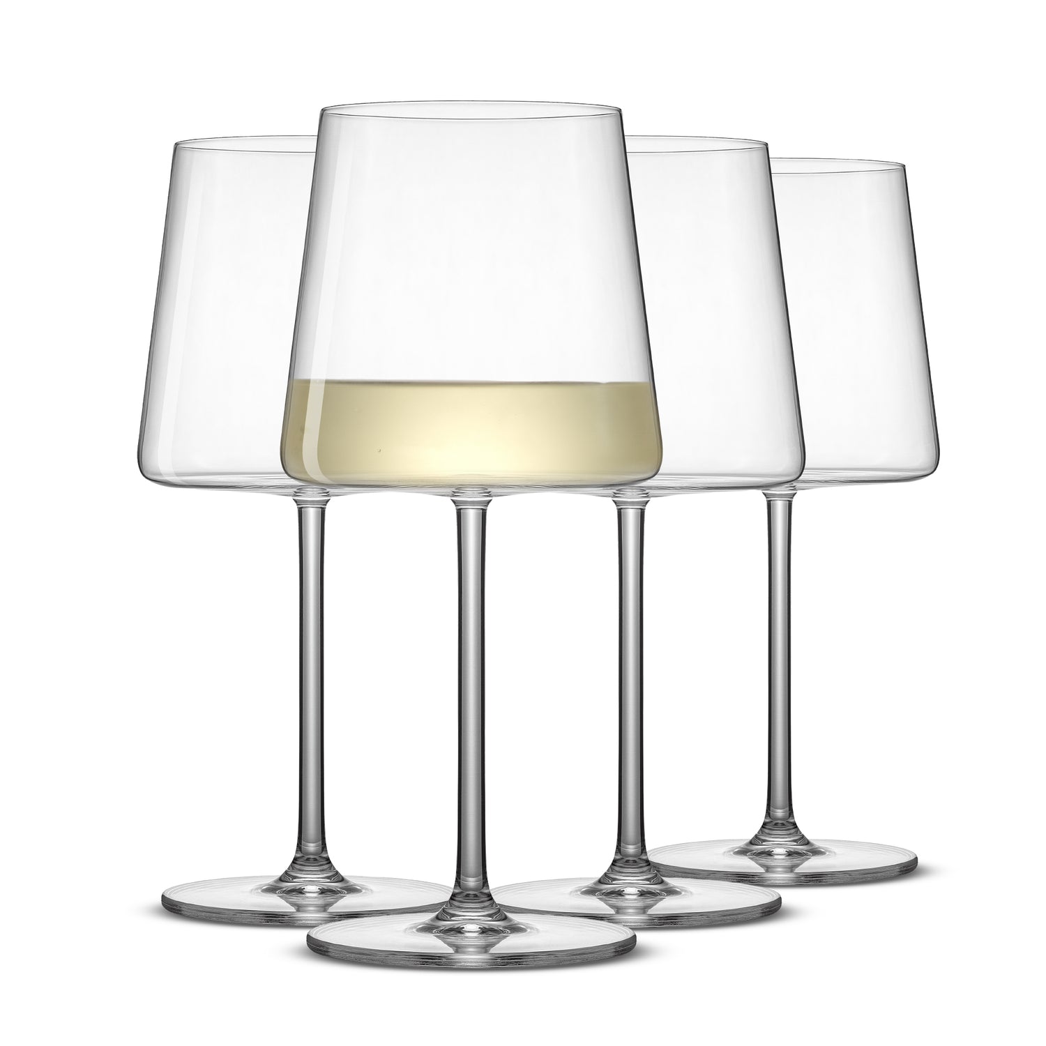 Set of four wine glasses with one containing white wine on a white background