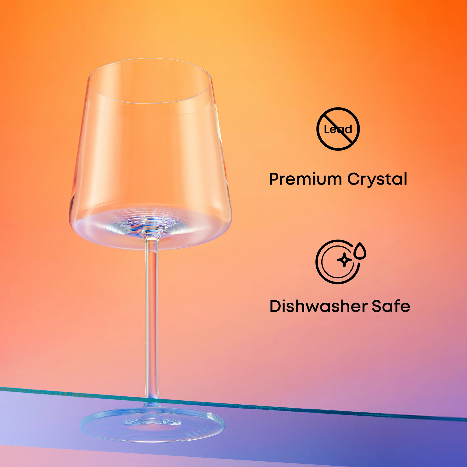 Clear wine glass with 'Premium Crystal' and 'Dishwasher Safe' icons on a gradient background