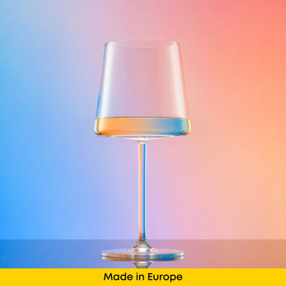 Modern wine glass on a gradient background with 'Made in Europe' text at the bottom.