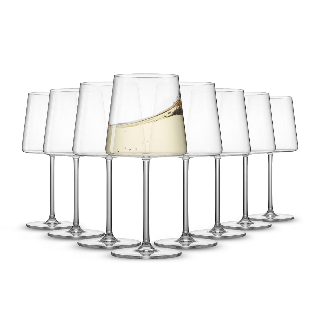 Eight clear stemmed white wine glasses arranged together on a white background, with the front glass filled with white wine.