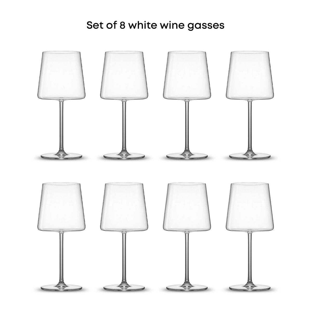 Set of 8 clear stemmed white wine glasses arranged in two rows on a white background.