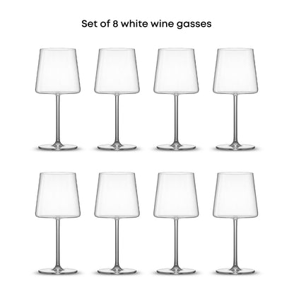Set of 8 clear stemmed white wine glasses arranged in two rows on a white background.