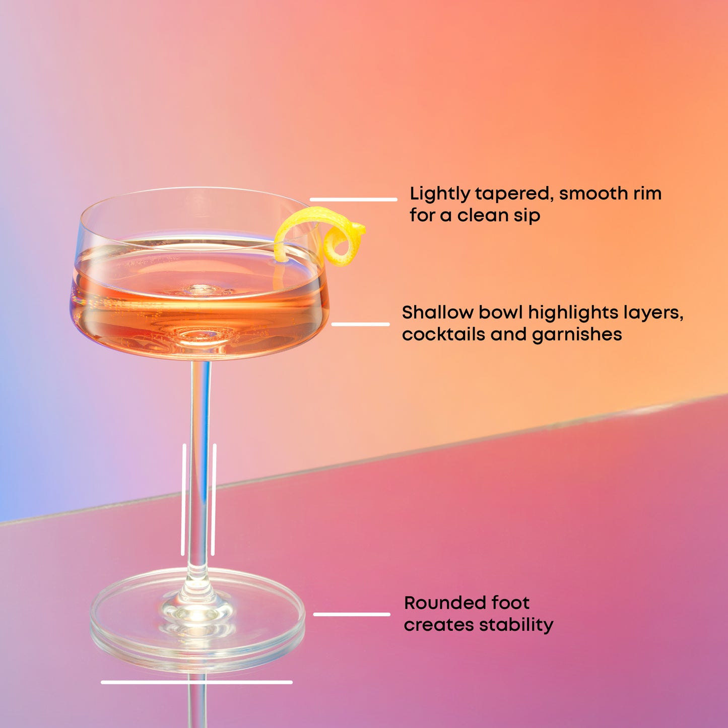 Cocktail glass with a lemon twist on a gradient background, featuring text about the glass design: smooth rims, shallow bowl for garnishes, rounded foot for stability.