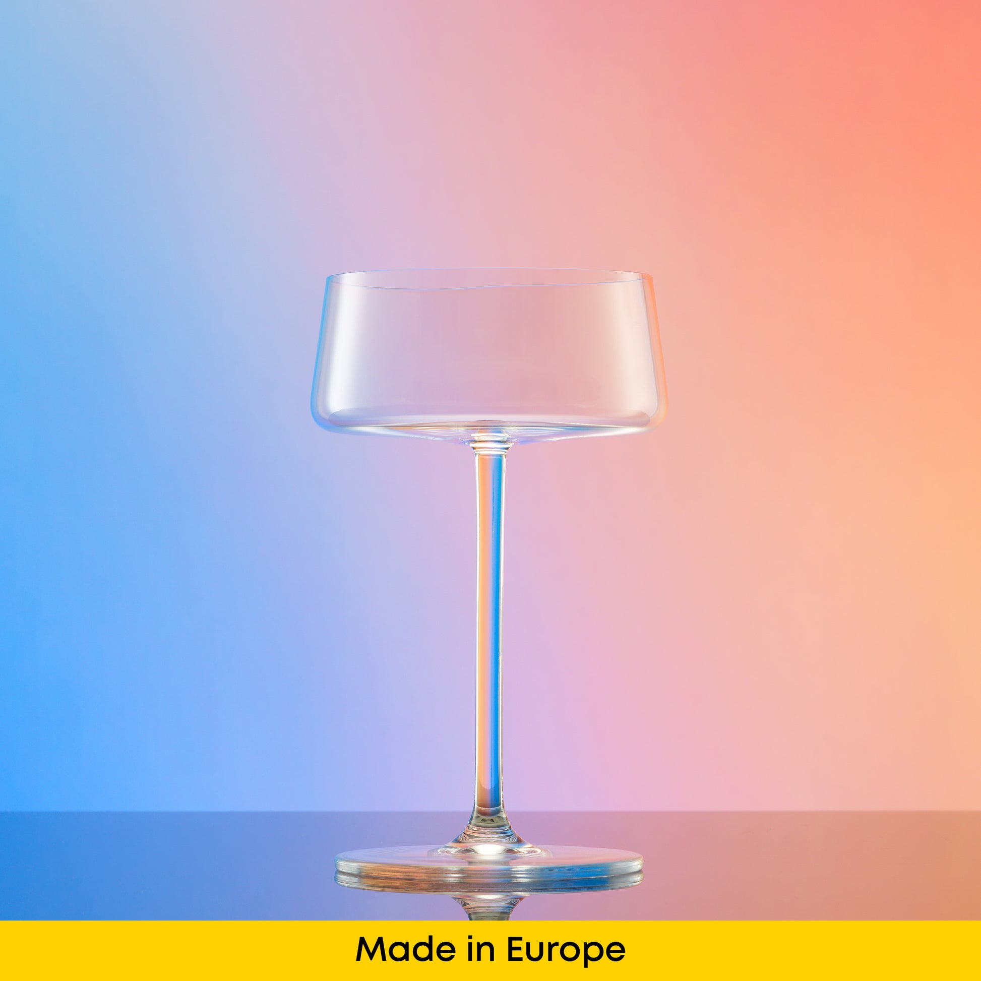 Modern martini glass on a gradient background with 'Made in Europe' text at the bottom.