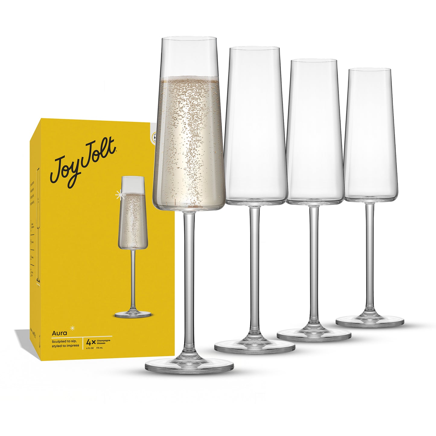 Set of four champagne glasses named Aura with its yellow packaging box by JoyJolt on a white background