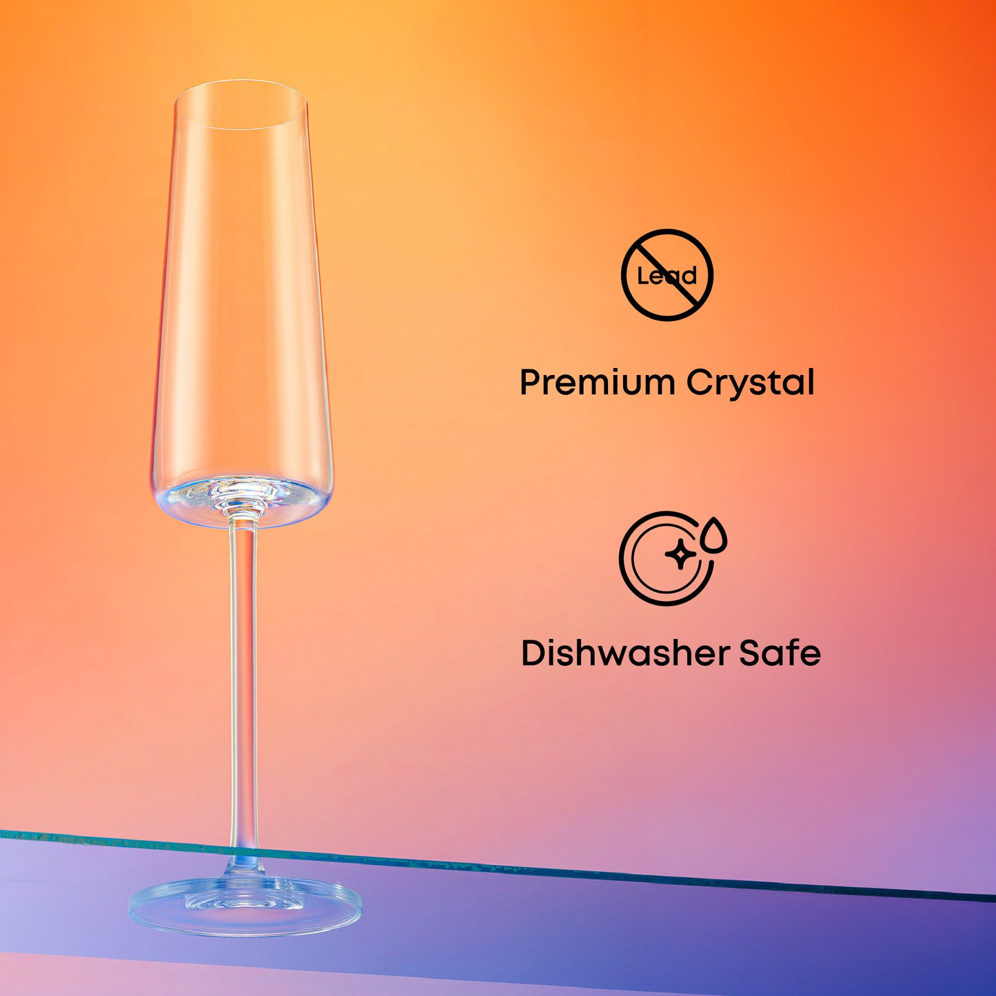 Clear champagne glass with 'Premium Crystal' and 'Dishwasher Safe' icons on a gradient background