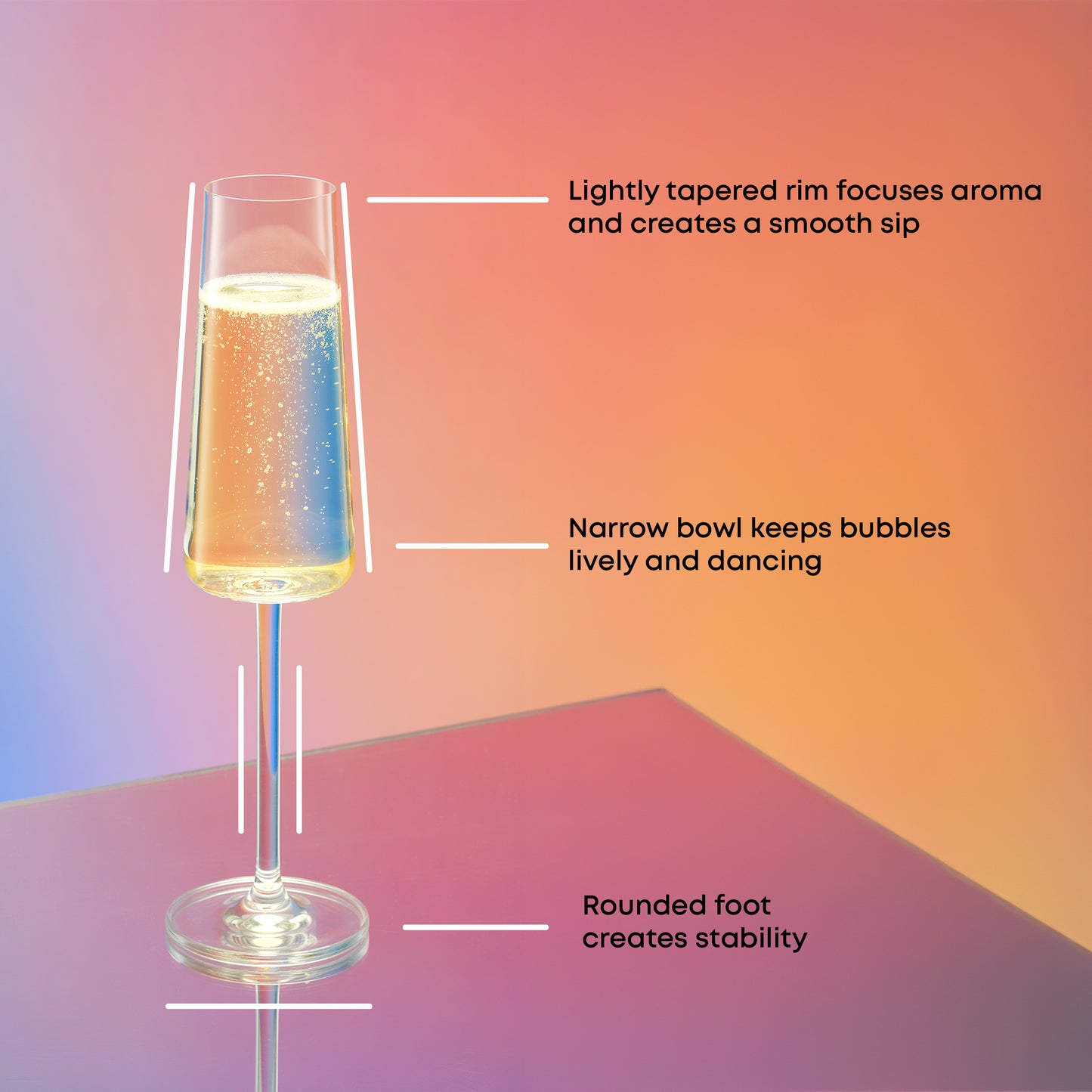 Champagne glass on a gradient background, featuring text about the glass design: narrow bowl for bubbles and rounded foot for stability.