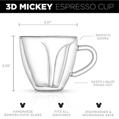 An empty espresso glass with text: "borosilicate glass, fits all machines, dishwasher and microwave safe, and 3.25" tall by 3.37" wide"