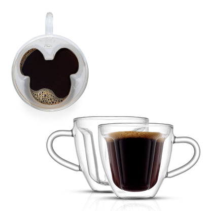 Two double wall espresso glasses with a 3d shape of mickey mouses ears on a white background