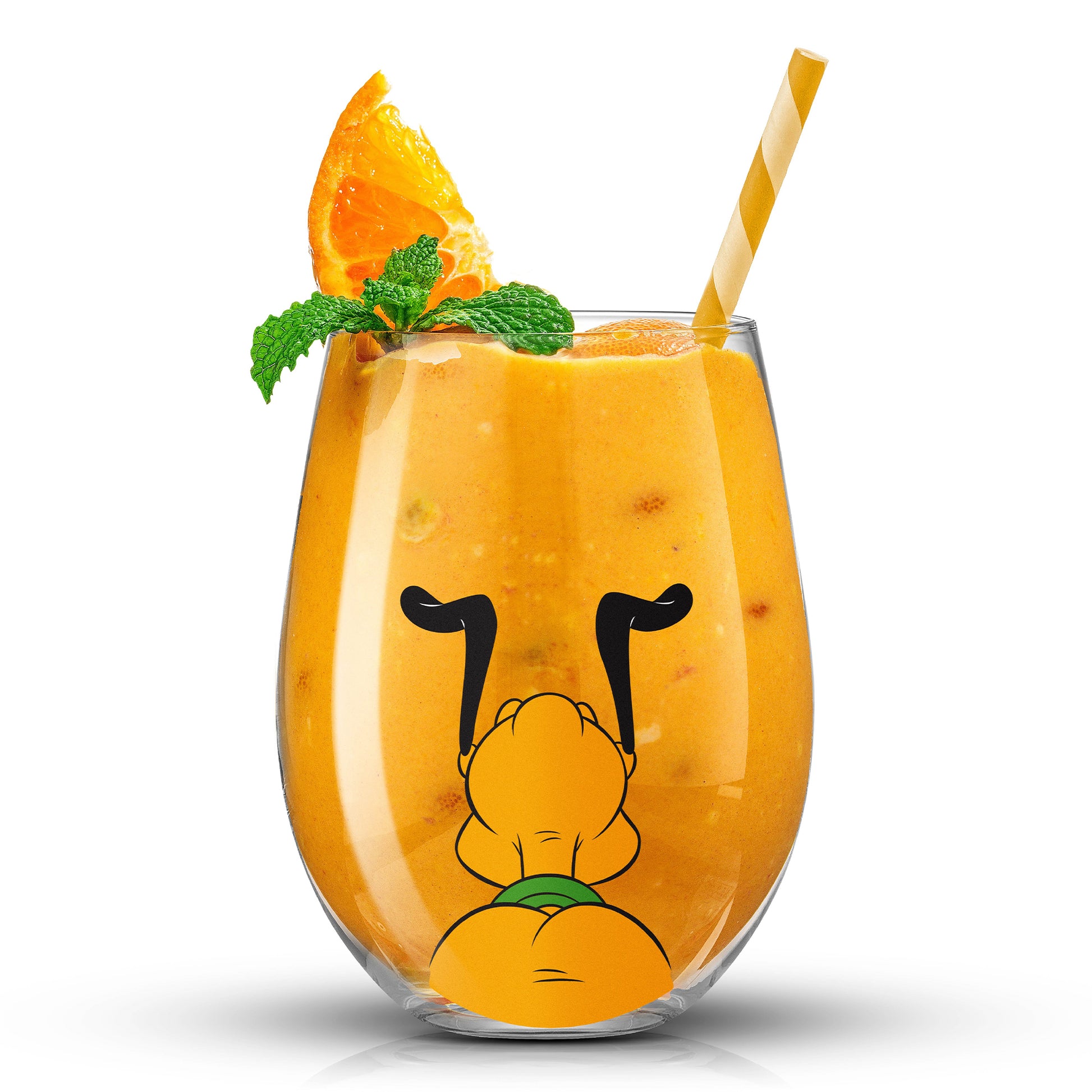 A orange drink inside the Pluto glass on a white background.