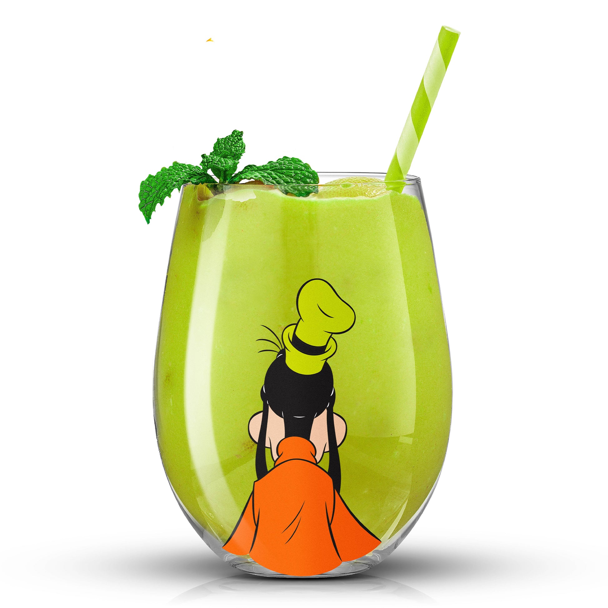 A green drink inside the Goofy glass on a white background.