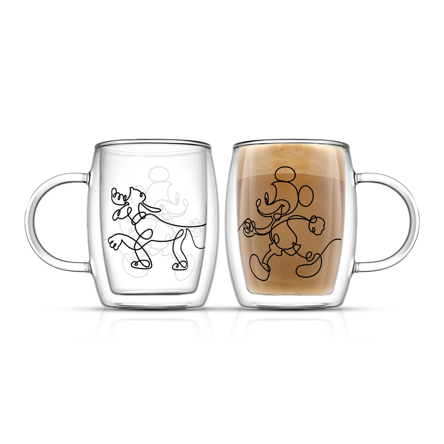 Two double wall glass mugs with a Disney character line drawing of Mickey and Pluto, one filled with coffee on a white background